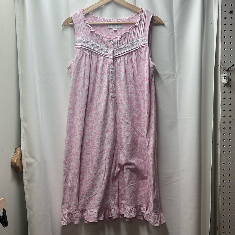 Eileen West Pink White Floral Flower Cotton Chemise Nightgown- S